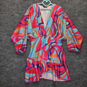 CHICME Dress Womens Large Multicolor Fit & Flare V Neck Ruffle Hem Dolman Sleeve